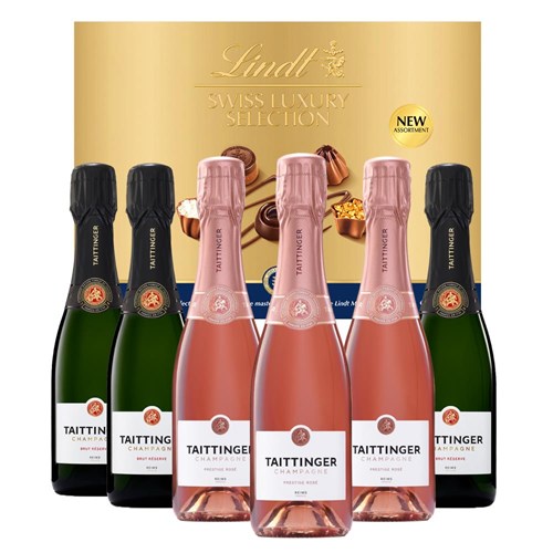 Mixed Taittinger Brut & Rosé Champagne 37.5cl Case of 6 with Lindt Swiss Tradition Chocolates 193g